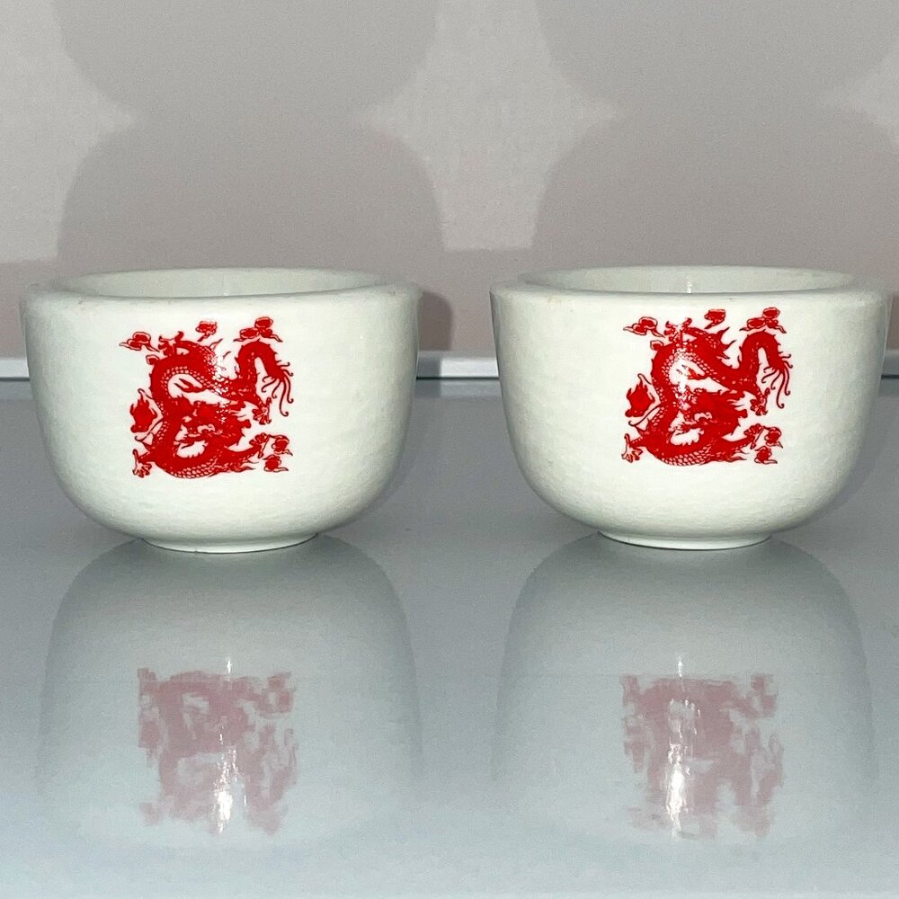 Pair of TTC China Vintage White Tea Cups With Red Dragon Design